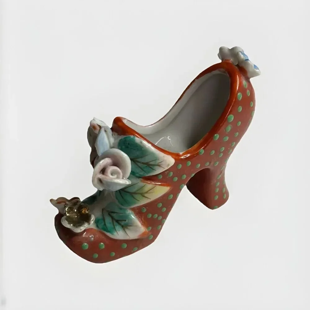 Vintage Porcelain Shoe made in Japan‎ Red with Green Polka dots miniature 3